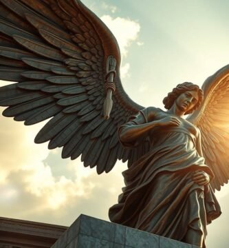 Obraz przedstawiający posąg anioła na tle nieba i intensywnego światła padającego z nieba