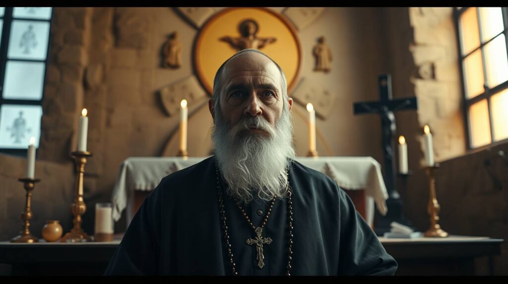 Obraz św. Charbela w kościele w ciągu dnia z zapalonymi świecami