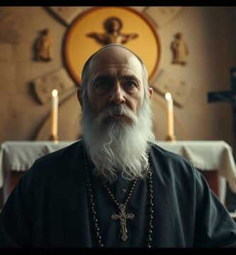 Obraz św. Charbela w kościele w ciągu dnia z zapalonymi świecami