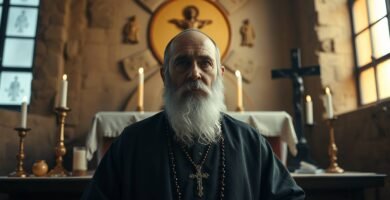 Obraz św. Charbela w kościele w ciągu dnia z zapalonymi świecami