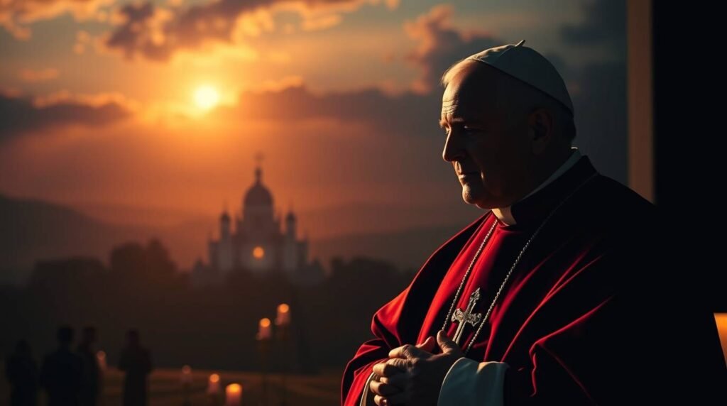 Obraz przedstawiający Jana Pawła II modlącego się w półmroku na tle zachodzącego słońca