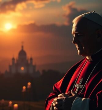 Obraz przedstawiający Jana Pawła II modlącego się w półmroku na tle zachodzącego słońca