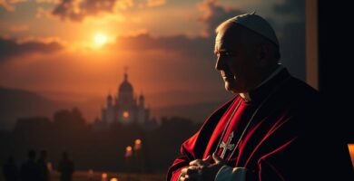 Obraz przedstawiający Jana Pawła II modlącego się w półmroku na tle zachodzącego słońca