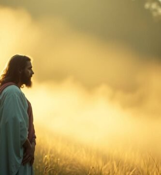 Obraz przedstawiający Jezusa na polu patrzącego w stronę horyzontu, podczas gdy za nim z nieba pada intensywne światło