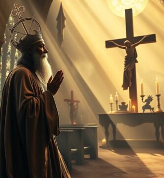 Obraz przedstawiający księdza modlącego się w kościele o świcie, gdy światło pada przez okna na wizerunek Jezusa Chrystusa