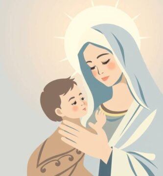Obraz w stylu komiksowym przedstawiający Matkę Boską Nieustającej Pomocy z zamkniętymi oczami i dzieckiem na rękach