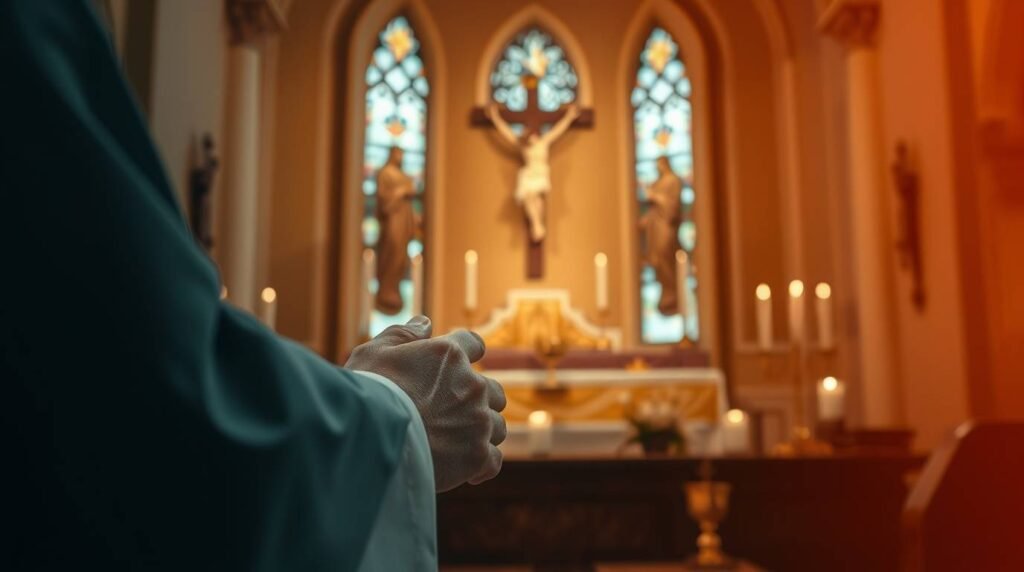 Zbliżenie dłoni księdza wewnątrz kościoła z wizerunkiem Jezusa Chrystusa na cokole