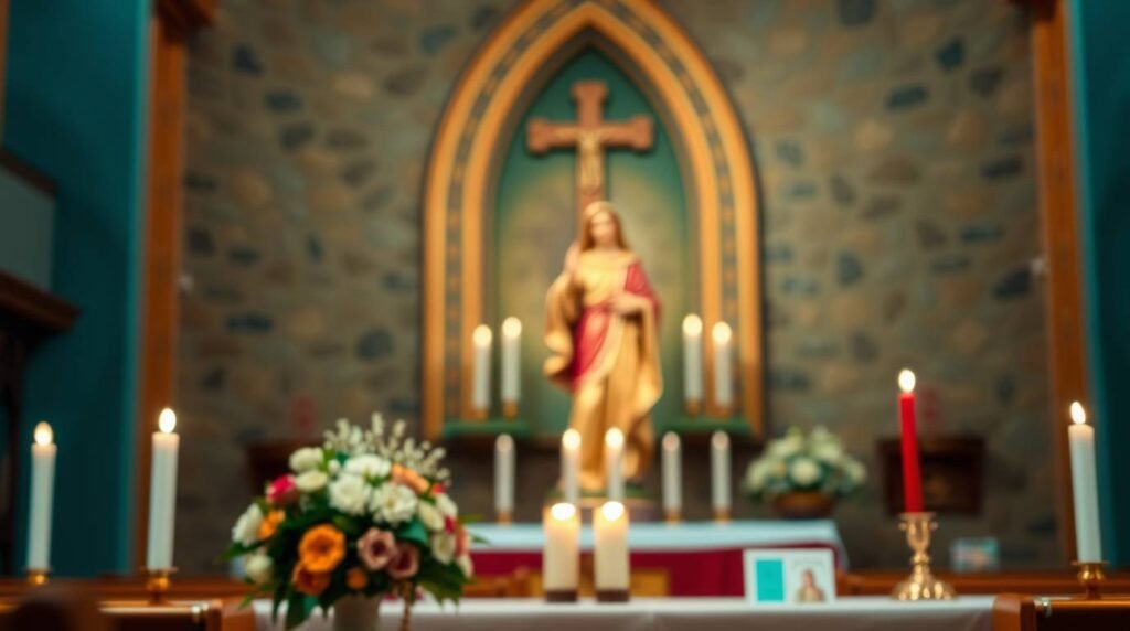 Zdjęcie wnętrza kościoła z postumentem z Matką Boską na nim oraz kwiatami i świecami na pierwszym planie