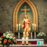 Zdjęcie wnętrza kościoła z postumentem z Matką Boską na nim oraz kwiatami i świecami na pierwszym planie