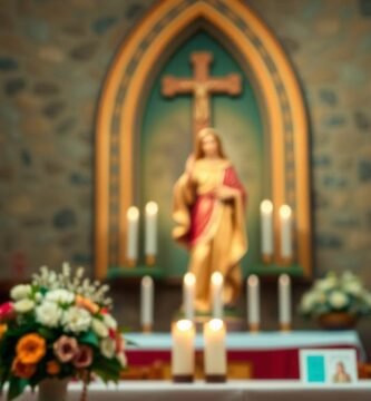 Zdjęcie wnętrza kościoła z postumentem z Matką Boską na nim oraz kwiatami i świecami na pierwszym planie