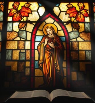 Wnętrze kościoła ze stołem, na którym leży otwarta Biblia i zapalone świece po bokach, w tle widoczne są okna z wizerunkami Matki Boskiej.