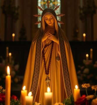 Obraz przedstawiający figurę Matki Bożej Szkaplerznej wewnątrz kościoła otoczoną i oświetloną świecami