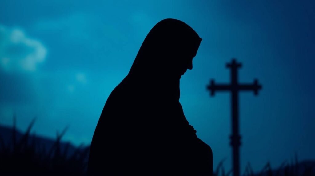 Obraz przedstawiający sylwetkę kobiety modlącej się w ciemności