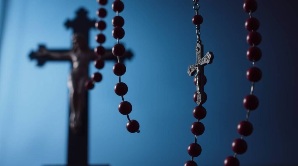 Zbliżenie czerwonego różańca na niebieskim tle