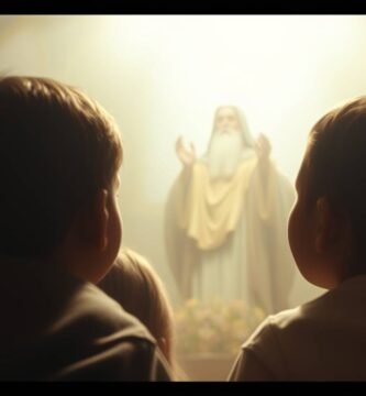 Obraz przedstawiający dzieci obserwujące w oddali niewyraźną postać modlącego się starca