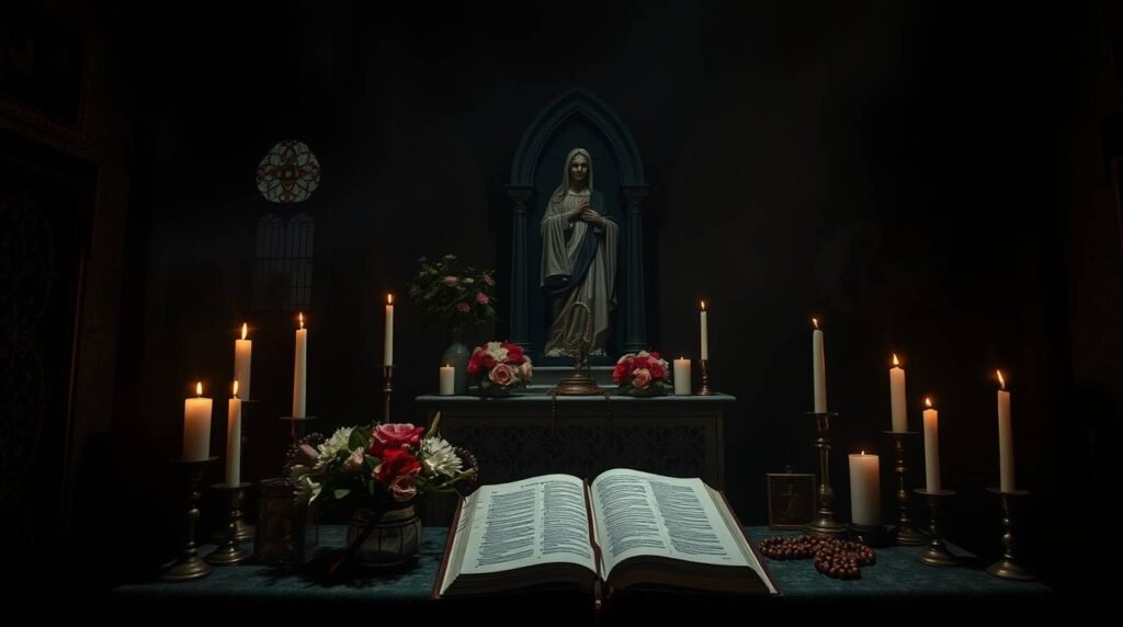 Obraz stołu z otwartą Biblią pośrodku, kwiatami, świecami wokół i obrazem Matki Boskiej w środku