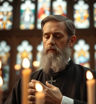 Obraz przedstawiający księdza w czarnym habicie modlącego się z rękami na piersi i zamkniętymi oczami w kościele, na tle okien