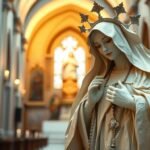 Obraz przedstawiający figurę Matki Boskiej modlącej się z rękami złożonymi na piersiach w kościele