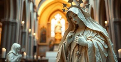 Obraz przedstawiający figurę Matki Boskiej modlącej się z rękami złożonymi na piersiach w kościele