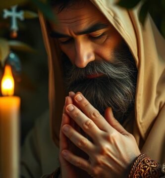 Zbliżenie na popiersie księdza w habicie modlącego się z zamkniętymi oczami i kilkoma zapalonymi świecami na pierwszym planie