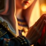 Zbliżenie na figurę Matki Boskiej modlącej się w świątyni