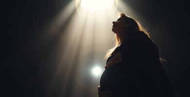 Obraz przedstawiający ciężarną kobietę w ciemnym pokoju patrzącą w niebo, przez które wpada jasne światło