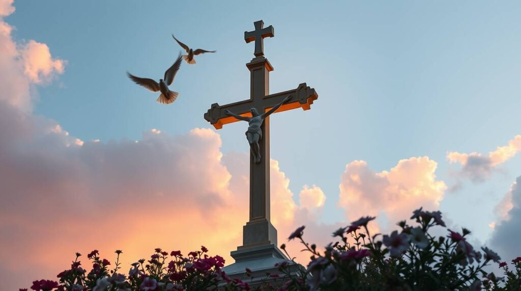 Obraz krzyża ze statuą Chrystusa na szczycie wzgórza, na tle nieba i białych gołębi latających wokół roślin poniżej