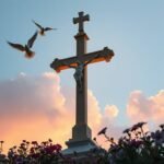 Obraz krzyża ze statuą Chrystusa na szczycie wzgórza, na tle nieba i białych gołębi latających wokół roślin poniżej
