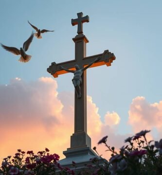Obraz krzyża ze statuą Chrystusa na szczycie wzgórza, na tle nieba i białych gołębi latających wokół roślin poniżej