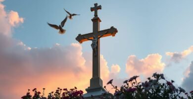 Obraz krzyża ze statuą Chrystusa na szczycie wzgórza, na tle nieba i białych gołębi latających wokół roślin poniżej