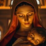 Zbliżenie na wizerunek Matki Boskiej Nieustającej Pomocy w kościele z zamkniętymi oczami i dzieckiem na ręku.