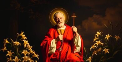 Obraz księdza z krzyżem w ręku i żółtymi kwiatami po bokach