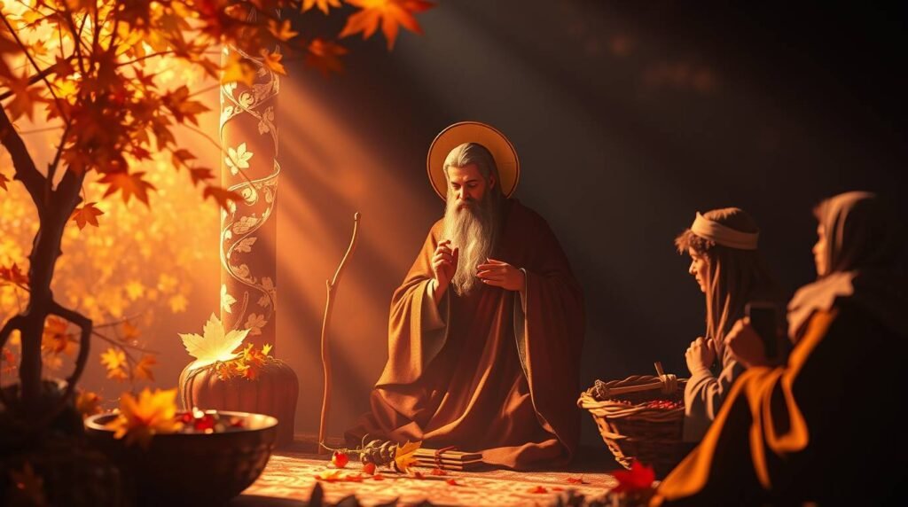 Obraz przedstawiający starszego mężczyznę i dwie osoby modlące się rano w czasie postu