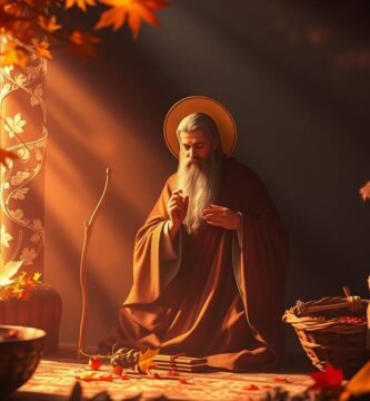 Obraz przedstawiający starszego mężczyznę i dwie osoby modlące się rano w czasie postu