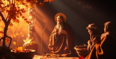 Obraz przedstawiający starszego mężczyznę i dwie osoby modlące się rano w czasie postu