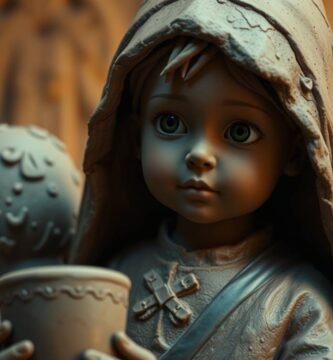 Obraz przedstawiający posąg dziecka ubranego w tunikę i trzymającego talerz z jedzeniem.