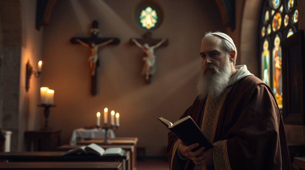 Obraz księdza w kaplicy z Biblią w ręku i rozmytym tłem z wizerunkiem Chrystusa na krzyżu.