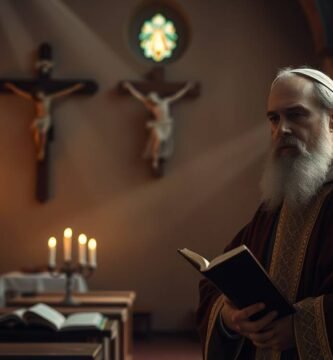 Obraz księdza w kaplicy z Biblią w ręku i rozmytym tłem z wizerunkiem Chrystusa na krzyżu.