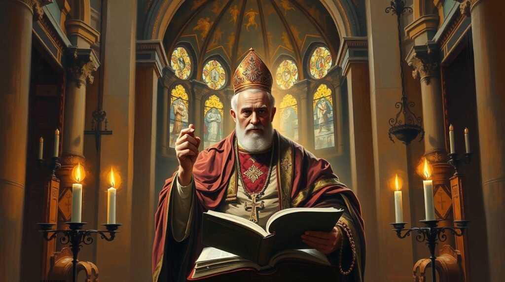 Obraz przedstawiający księdza czytającego Biblię w oświetlonym świecami kościele
