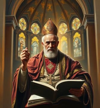 Obraz przedstawiający księdza czytającego Biblię w oświetlonym świecami kościele