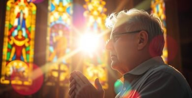 Zdjęcie starszego mężczyzny modlącego się w kościele, w tle widoczne są okna, przez które wpada jasne światło
