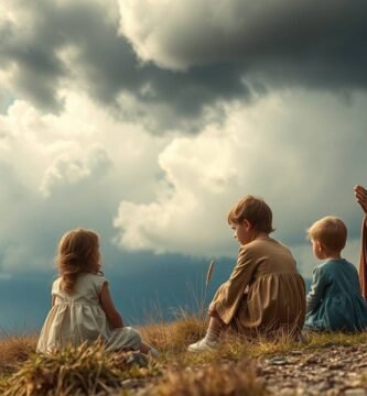 Obraz przedstawiający starszego mężczyznę ubranego w strój religijny, modlącego się pośrodku pola z grupą dzieci