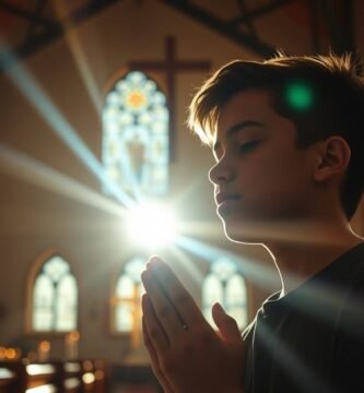 Obraz przedstawiający młodego mężczyznę modlącego się z zamkniętymi oczami w kościele, przez okno wpada jasne światło