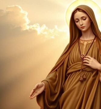 Obraz Matki Boskiej z Carmen na tle nieba i jasnej aury za nią