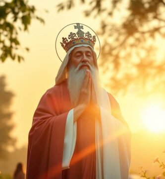 Obraz przedstawiający księdza w koronie modlącego się na polu na tle świtu