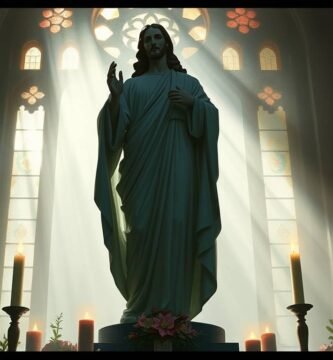 Zdjęcie statuy Jezusa Chrystusa wewnątrz słabo oświetlonego kościoła, na tle którego intensywne światło wpada przez okna.