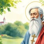 Obraz S.W. Andrzeja Boboli wykonany techniką akwareli, przedstawiający modlącego się na polu z kościołem w tle.