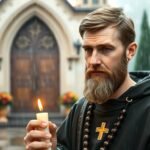 Obraz księdza z zapaloną świecą i kościołem w tle