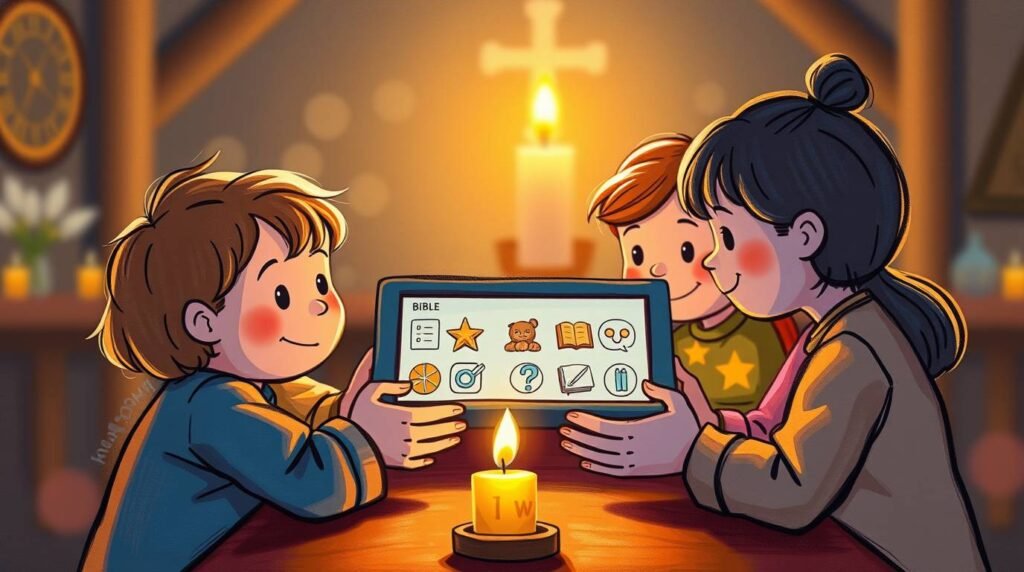 Obraz w stylu kreskówkowym przedstawiający troje dzieci siedzących przy stole z zapaloną świecą pośrodku. Trzymają tabliczki z symbolami biblijnymi i pytaniami na ekranie. W tle widoczny jest krzyż.