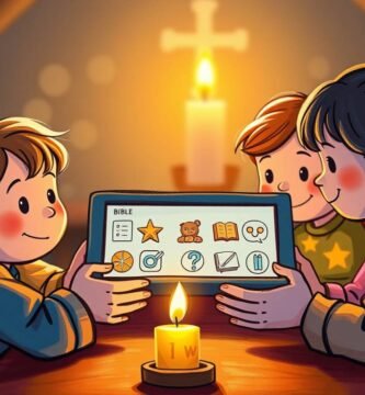 Obraz w stylu kreskówkowym przedstawiający troje dzieci siedzących przy stole z zapaloną świecą pośrodku. Trzymają tabliczki z symbolami biblijnymi i pytaniami na ekranie. W tle widoczny jest krzyż.